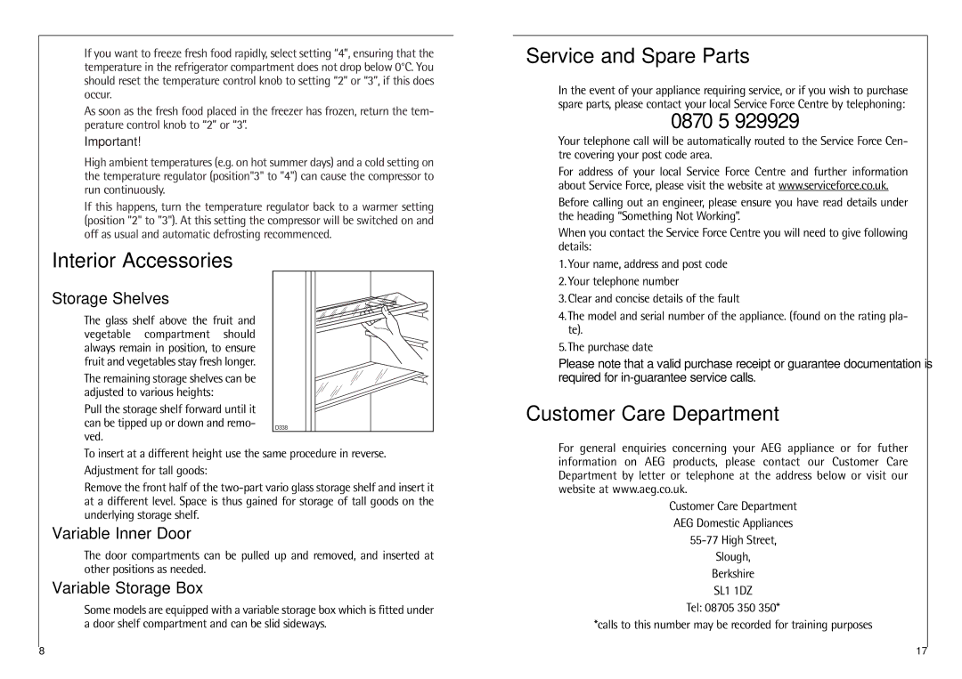 AEG C 8 16 41 I installation instructions Interior Accessories, Service and Spare Parts, 0870 5, Customer Care Department 