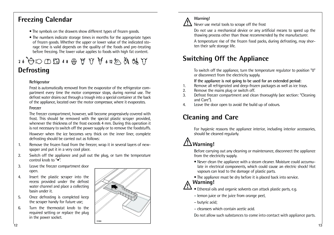 AEG C 8 18 43-4I installation instructions Freezing Calendar, Defrosting, Switching Off the Appliance, Cleaning and Care 