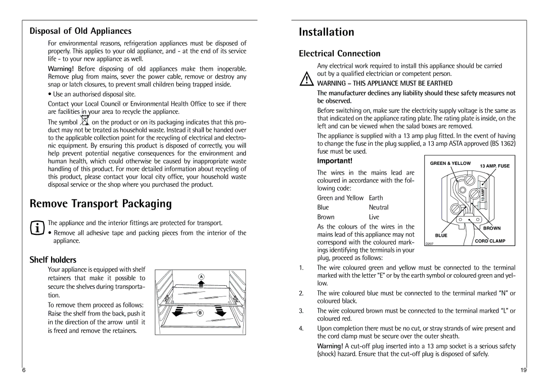 AEG C 8 18 43-4I Installation, Remove Transport Packaging, Disposal of Old Appliances, Electrical Connection 