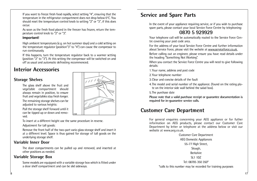 AEG C 8 18 43-4I installation instructions Interior Accessories, Service and Spare Parts, 0870 5, Customer Care Department 