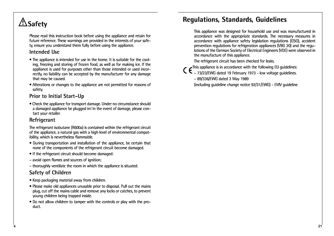 AEG C 8 18 43-4I Safety, Regulations, Standards, Guidelines, Intended Use, Prior to Initial Start-Up, Refrigerant 