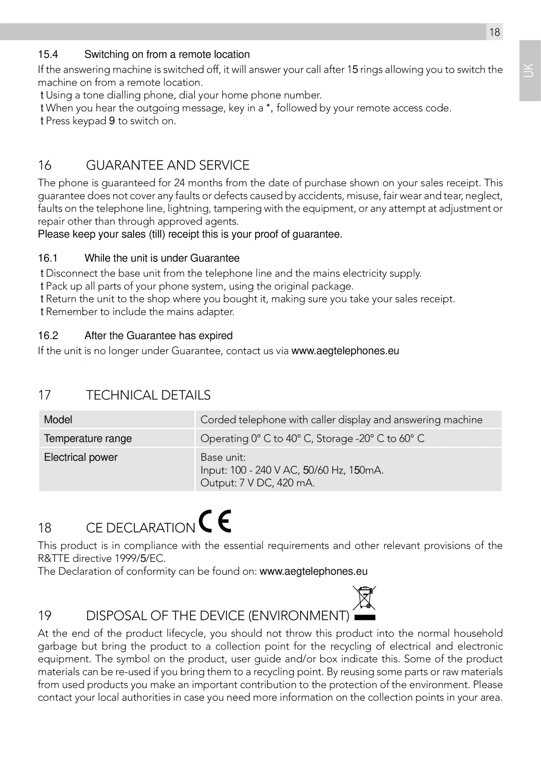 AEG C115 manual Guarantee and Service, Technical Details, CE Declaration, Disposal of the Device Environment 