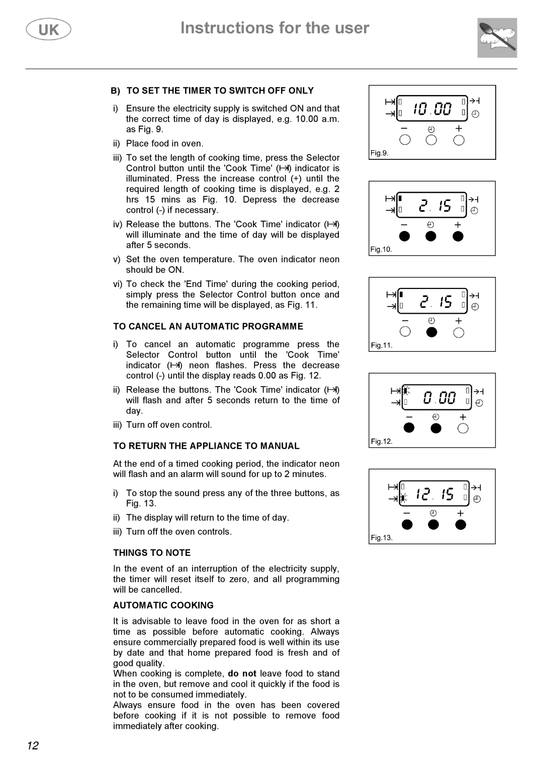 AEG C41022GN $ to SET the Timer to Switch OFF only, To Cancel AN Automatic Programme, To Return the Appliance to Manual 