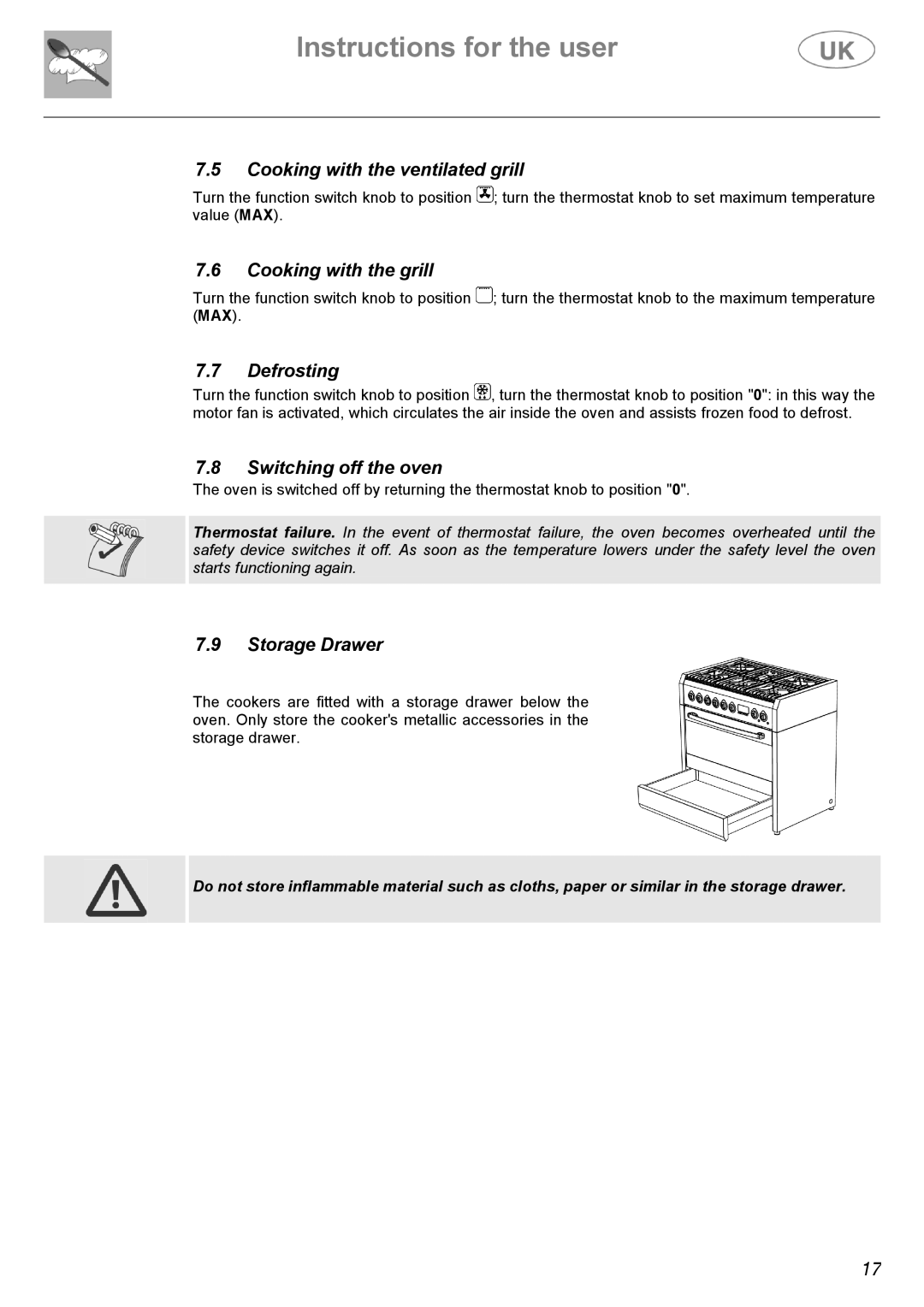 AEG C41022V Cooking with the ventilated grill, Cooking with the grill, Defrosting, Switching off the oven, Storage Drawer 