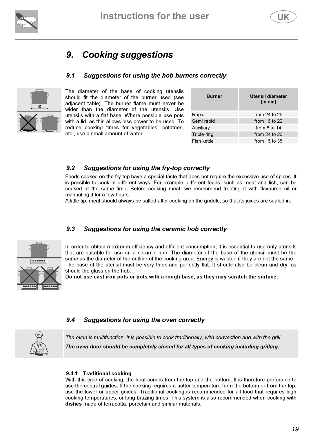 AEG C41022G Cooking suggestions, Suggestions for using the hob burners correctly, Suggestions for using the oven correctly 