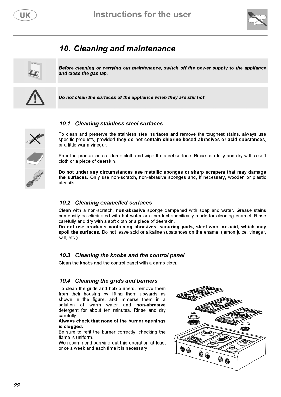 AEG C41022GN, C41022V manual Cleaning and maintenance, Cleaning stainless steel surfaces, Cleaning enamelled surfaces 