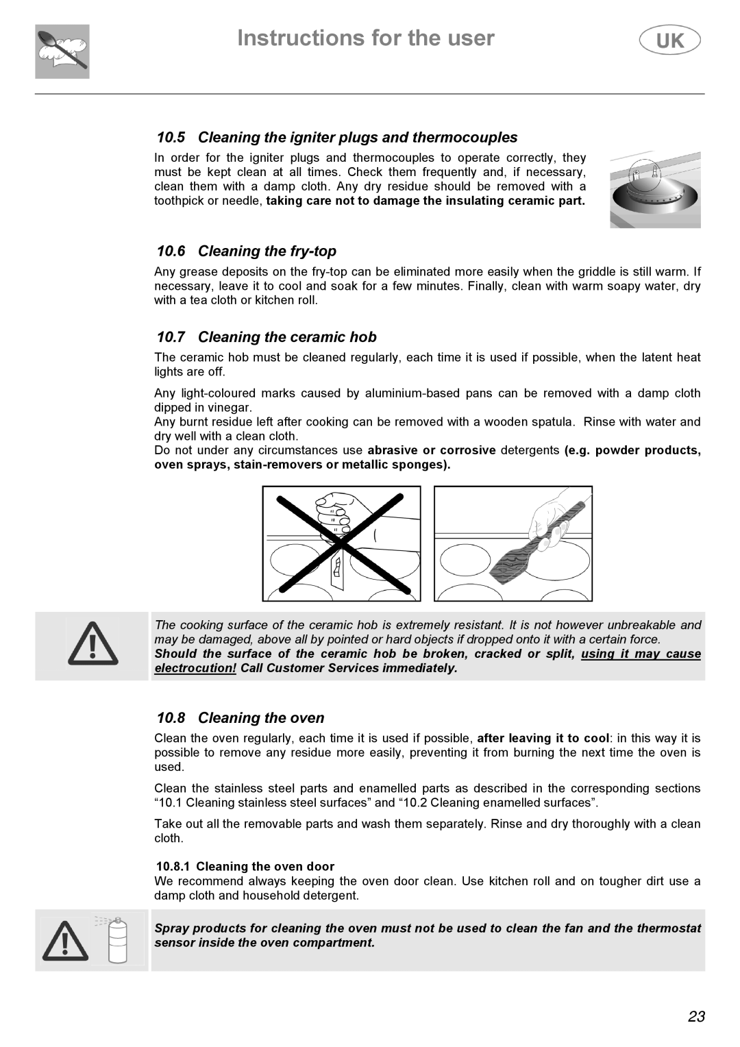 AEG C41022V, C41022GN manual Cleaning the igniter plugs and thermocouples, Cleaning the fry-top, Cleaning the ceramic hob 