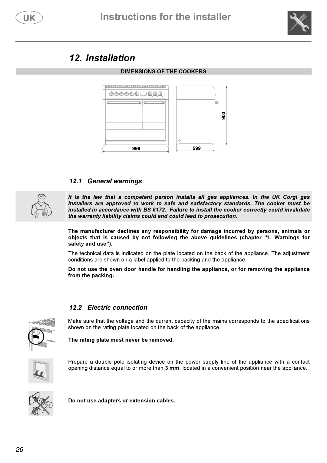 AEG C41022V, C41022GN Installation, Electric connection, Dimensions of the Cookers, Rating plate must never be removed 