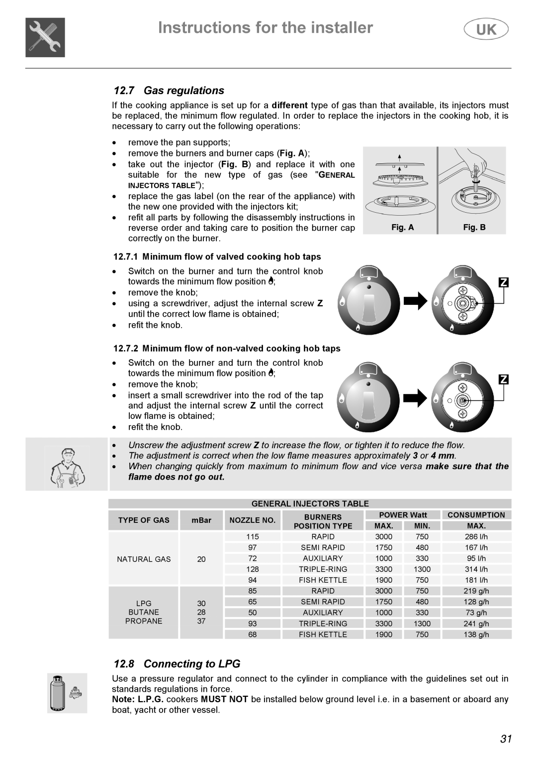 AEG C41022GN, C41022V manual Gas regulations, Connecting to LPG, Minimum flow of valved cooking hob taps 