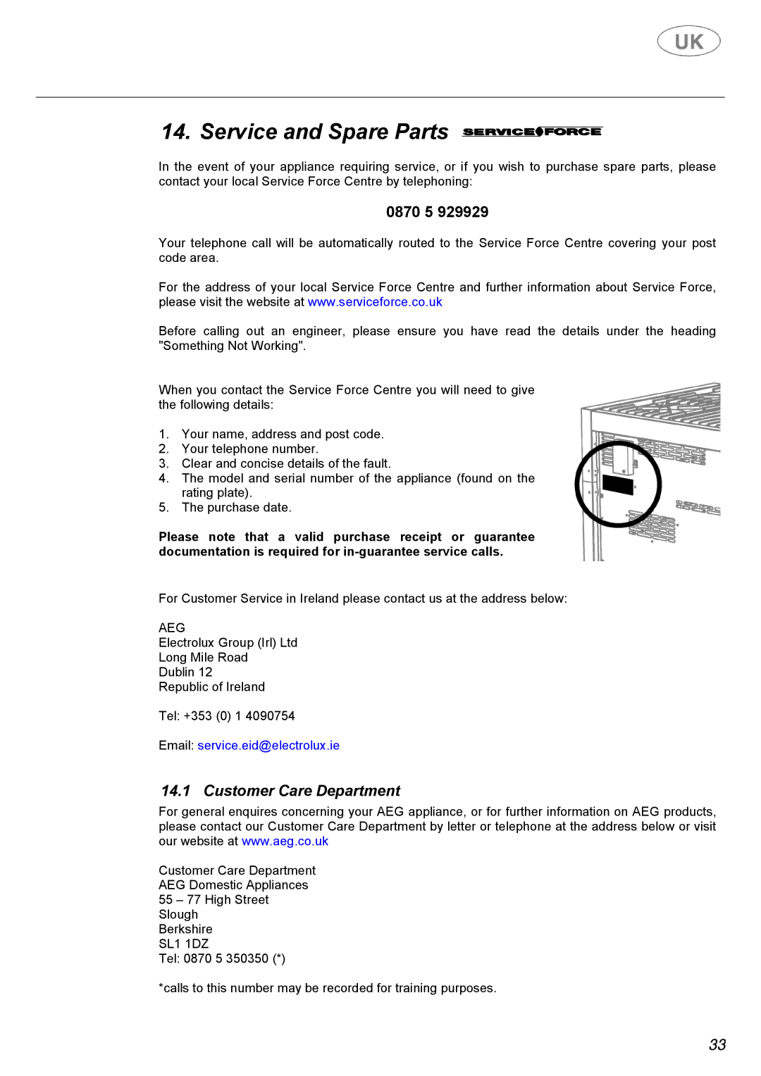 AEG C41022GN, C41022V manual Service and Spare Parts, Customer Care Department 