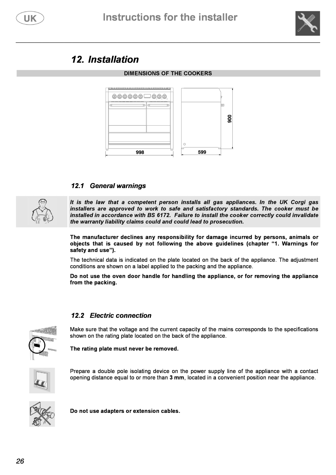 AEG C41022V Instructions for the installer, Installation, General warnings, Electric connection, Dimensions Of The Cookers 