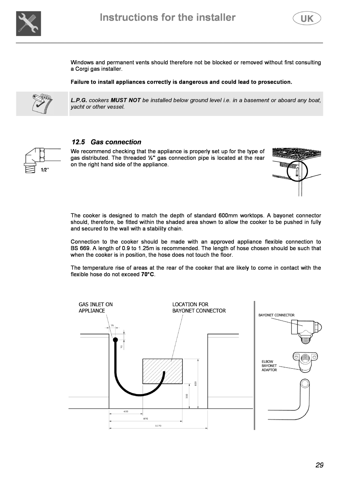 AEG C41022V, C41022GN manual Gas connection, Instructions for the installer 