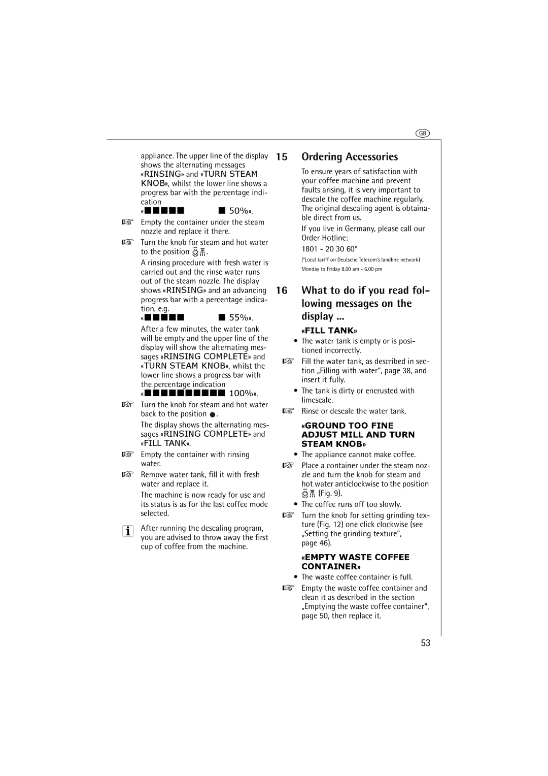 AEG CG 6400 manual Ordering Accessories, What to do if you read fol- lowing messages on the display 