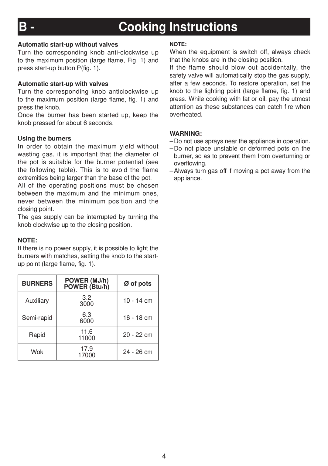 AEG CGA 90 WOK, CGA 60 WOK, CGA 75 WOK operation manual Cooking Instructions, Burners 