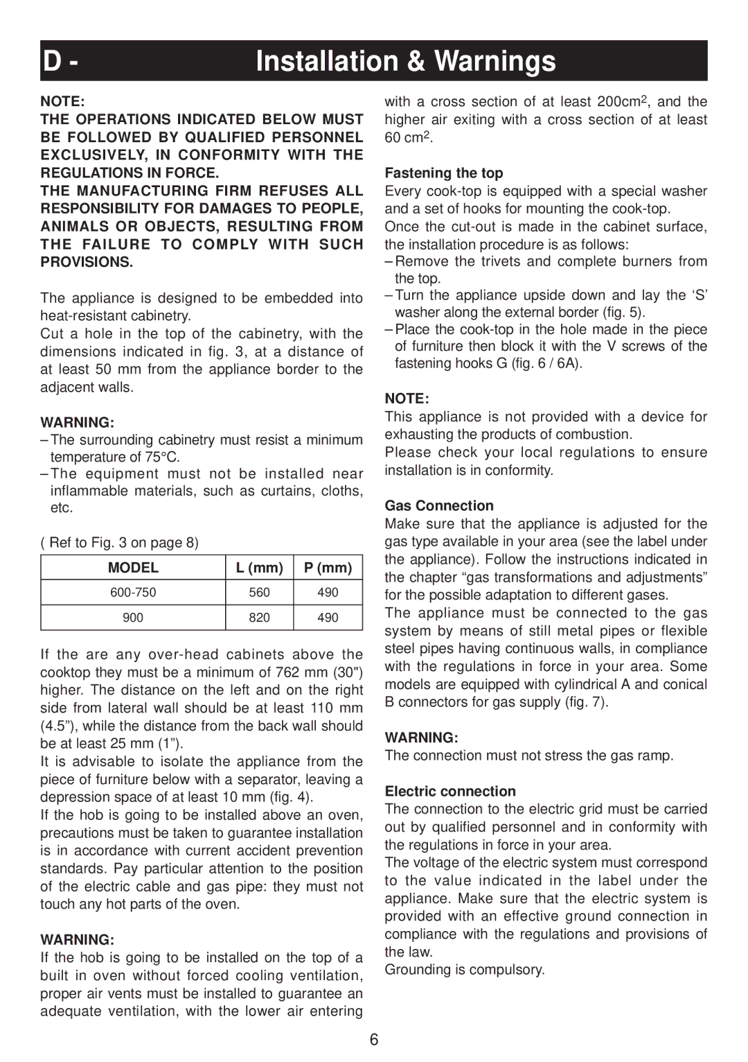 AEG CGA 60 WOK, CGA 90 WOK Installation & Warnings, Model, Fastening the top, Gas Connection, Electric connection 