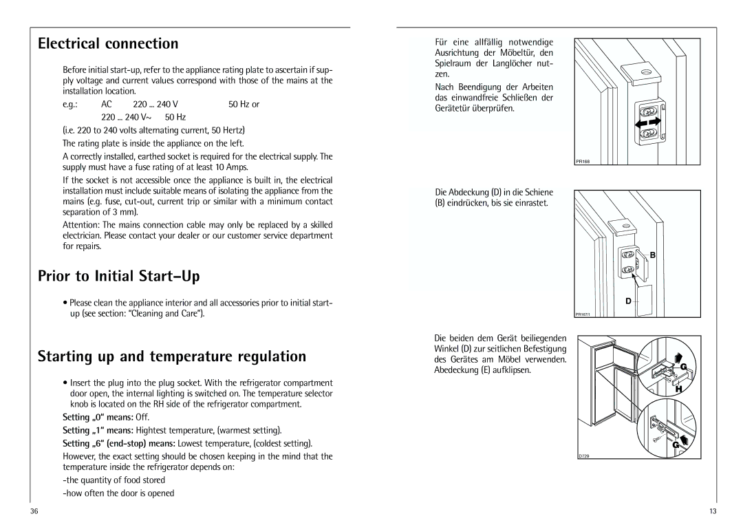 AEG D 8 16 40-4 I Electrical connection, Prior to Initial Start-Up, Starting up and temperature regulation, 50 Hz 