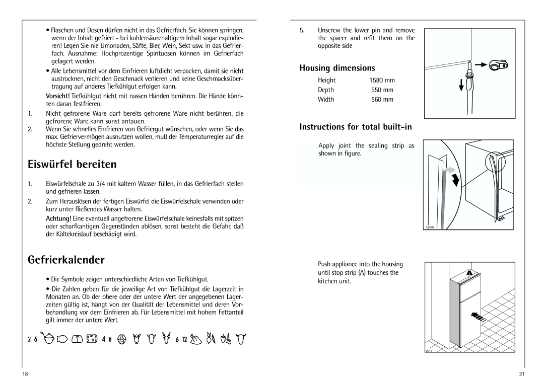 AEG D 8 16 40-4 I Eiswürfel bereiten, Gefrierkalender, Housing dimensions, Instructions for total built-in 