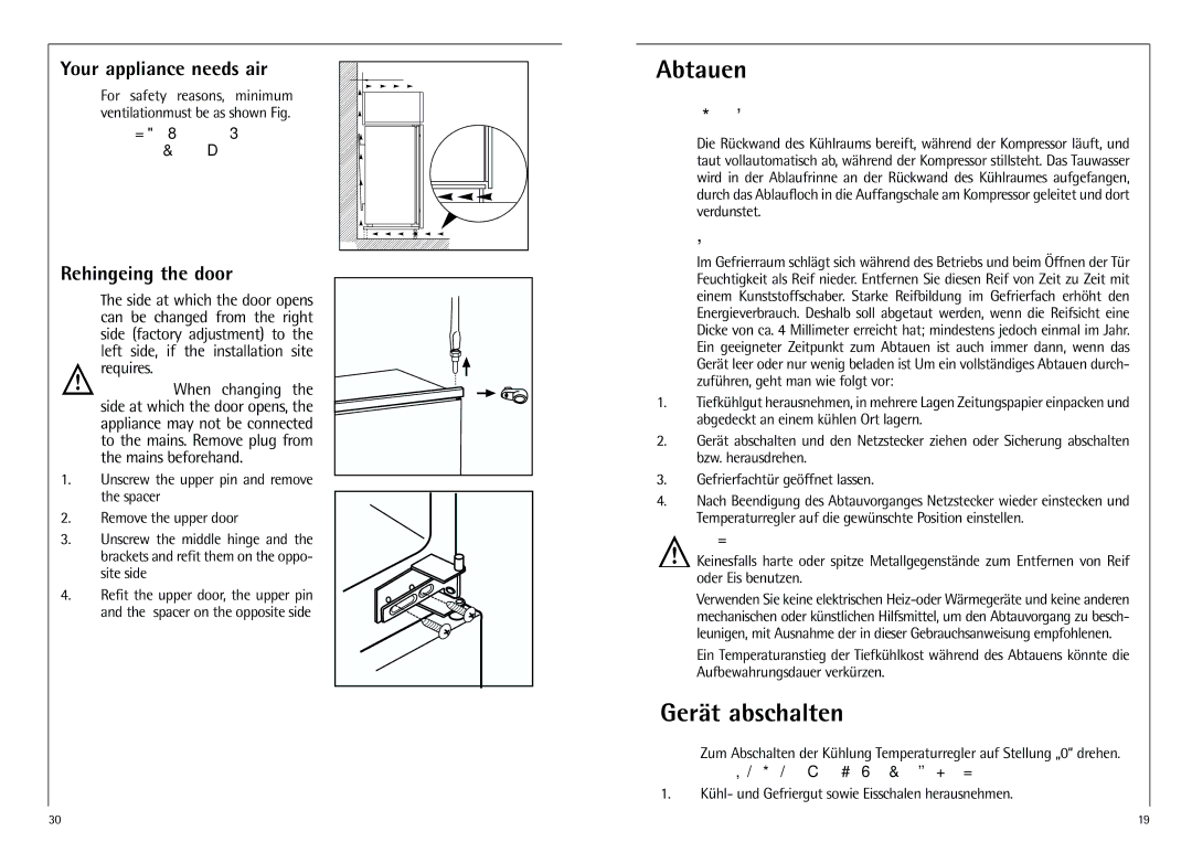 AEG D 8 16 40-4 I installation instructions Abtauen, Gerät abschalten 