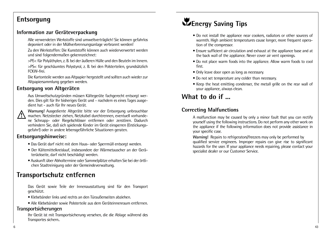 AEG D 8 16 40-4 I installation instructions Entsorgung, Transportschutz entfernen, Energy Saving Tips, What to do if 