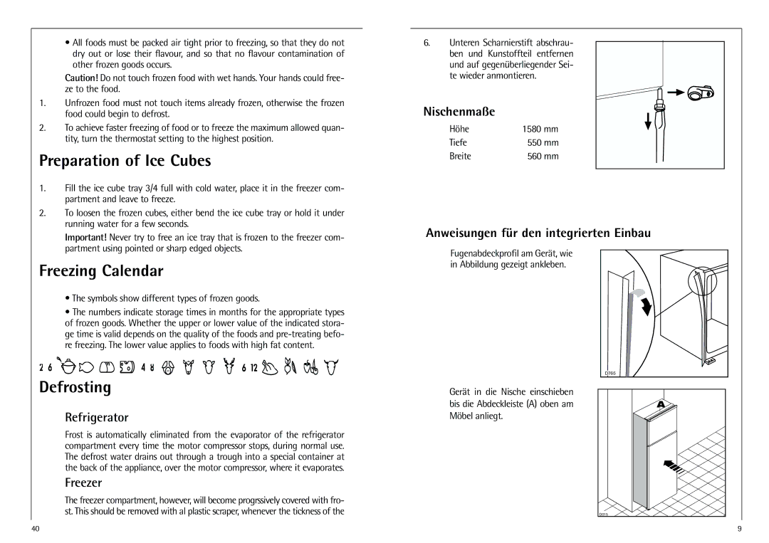 AEG D 8 16 40-4 I installation instructions Preparation of Ice Cubes, Freezing Calendar, Defrosting 