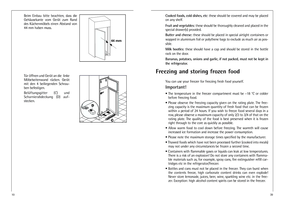 AEG D 8 16 40-4 I Freezing and storing frozen food, Belüftungsgitter C und Scharnierabdeckung D auf- stecken 