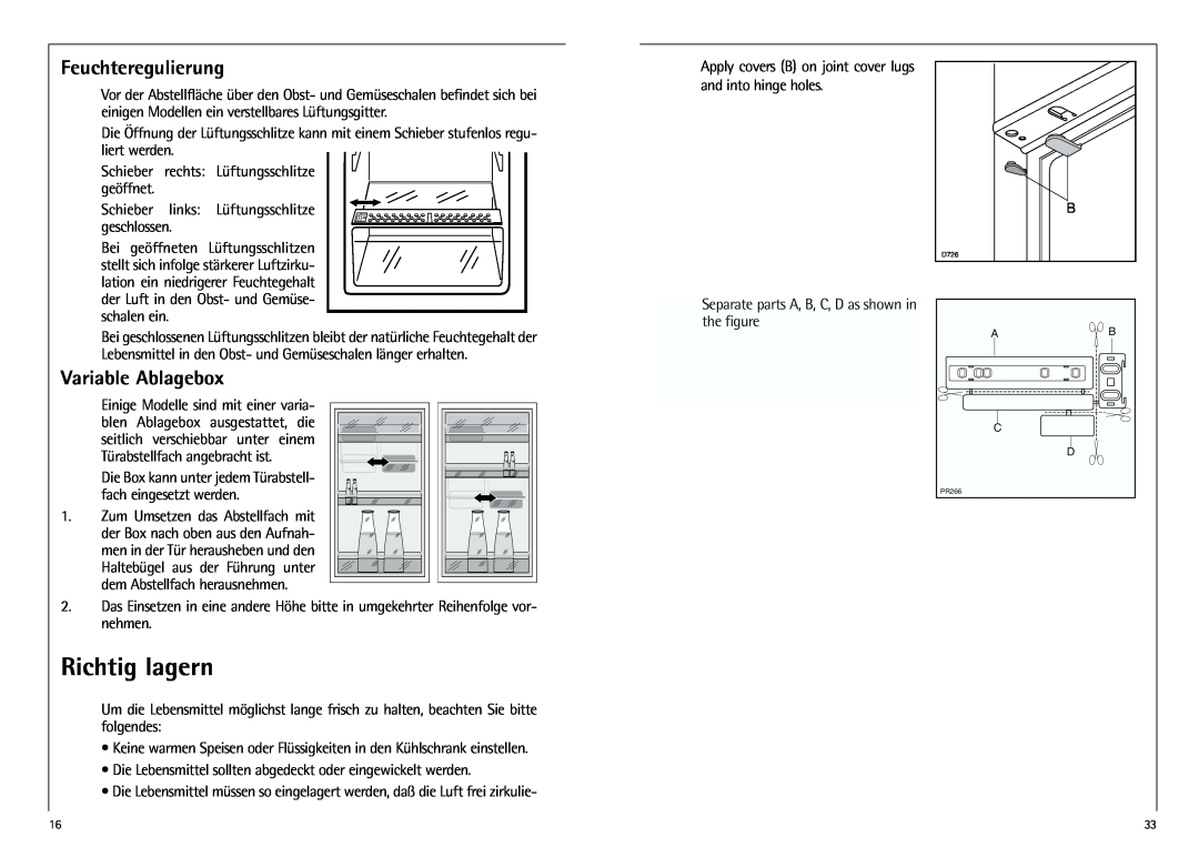 AEG D 8 16 40-4 I installation instructions Richtig lagern, Feuchteregulierung, Variable Ablagebox 