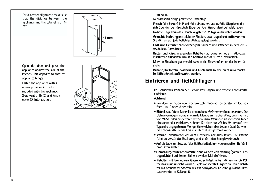 AEG D 8 16 40-4 I installation instructions Einfrieren und Tiefkühllagern, Achtung 