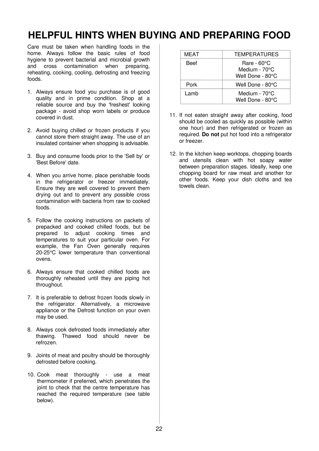 AEG D2160-1 manual Helpful Hints When Buying and Preparing Food, Meat Temperatures 