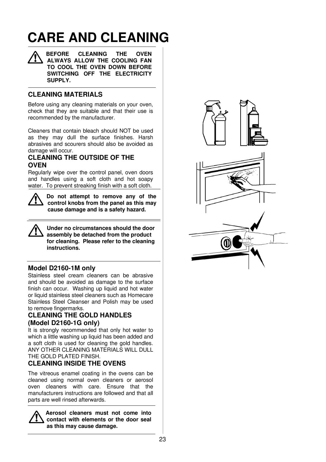 AEG D2160-1 manual Care and Cleaning, Cleaning Materials, Cleaning the Outside of the Oven, Cleaning Inside the Ovens 