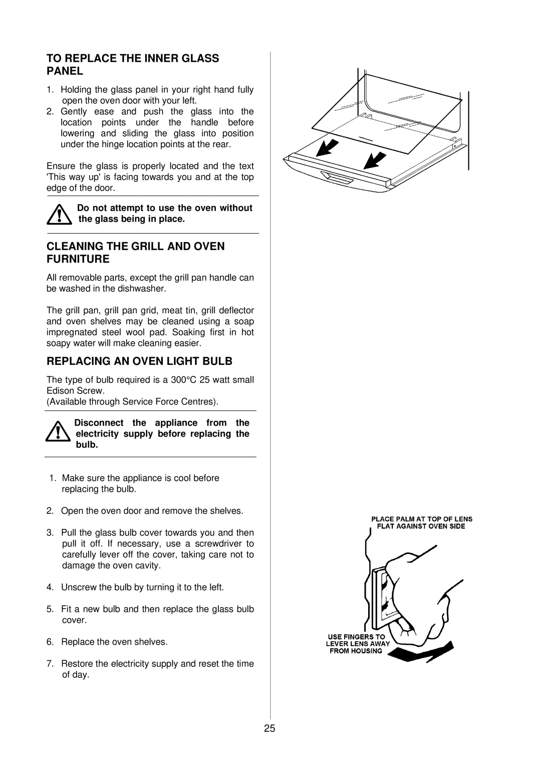 AEG D2160-1 manual To Replace the Inner Glass Panel, Cleaning the Grill and Oven Furniture, Replacing AN Oven Light Bulb 