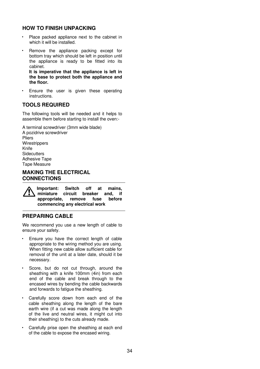 AEG D2160-1 manual HOW to Finish Unpacking, Tools Required, Making the Electrical Connections, Preparing Cable 