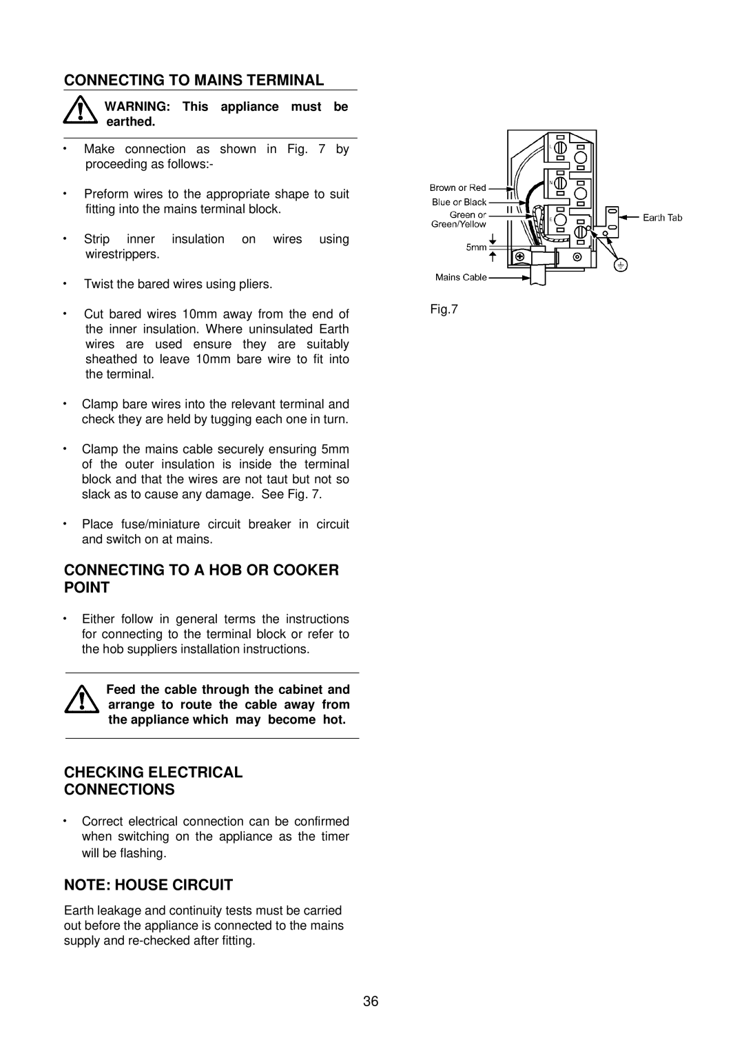 AEG D2160-1 manual Connecting to Mains Terminal, Connecting to a HOB or Cooker Point, Checking Electrical Connections 