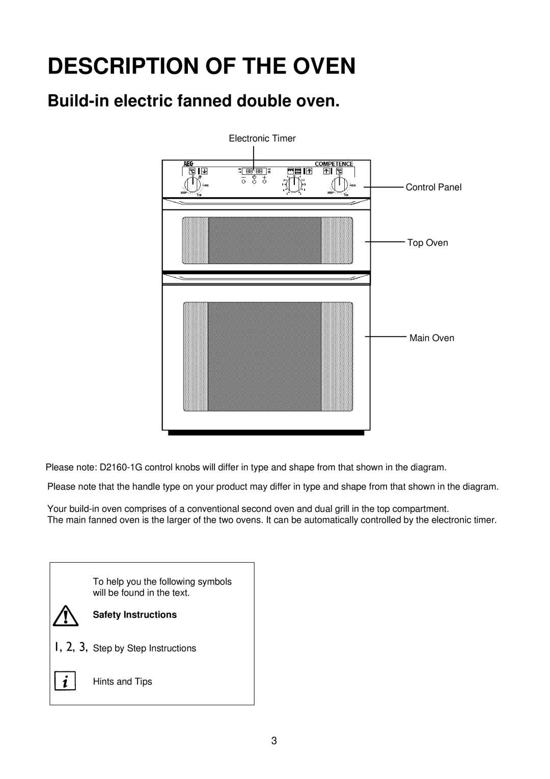 AEG D2160-1 manual Description of the Oven, Build-in electric fanned double oven 