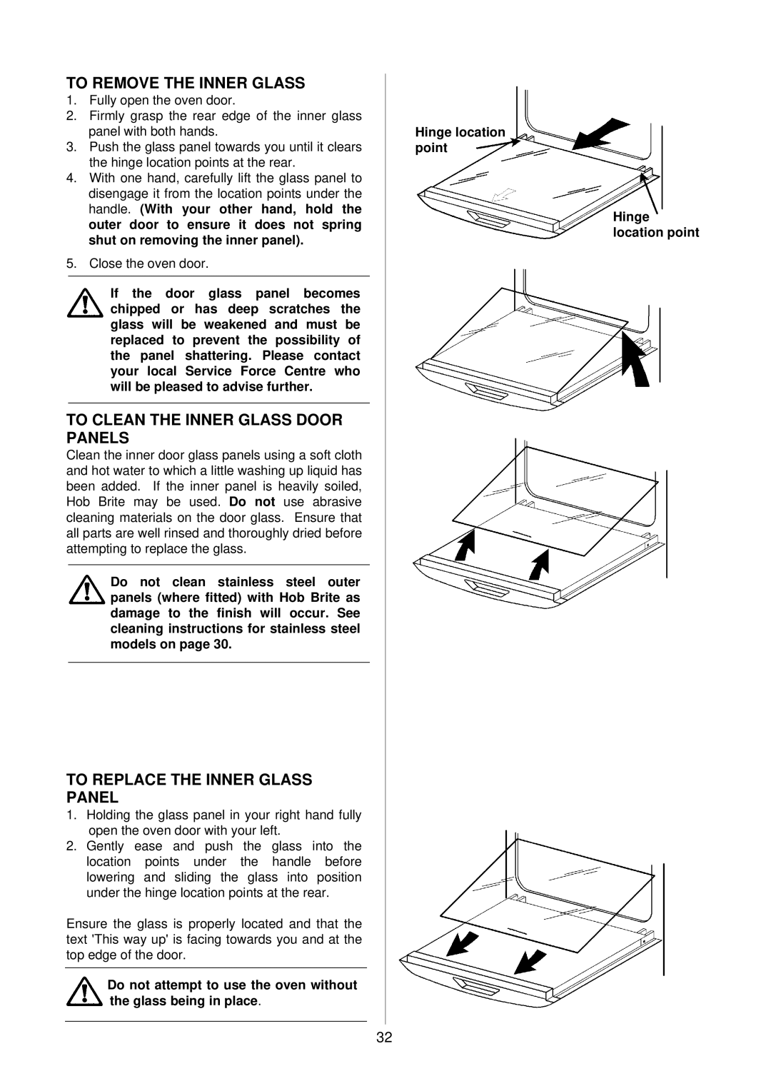 AEG D4100-1 manual To Remove the Inner Glass, To Clean the Inner Glass Door Panels, To Replace the Inner Glass Panel 