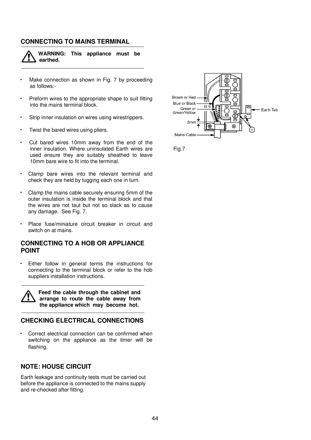 AEG D4100-1 manual Connecting to Mains Terminal, Connecting to a HOB or Appliance Point, Checking Electrical Connections 