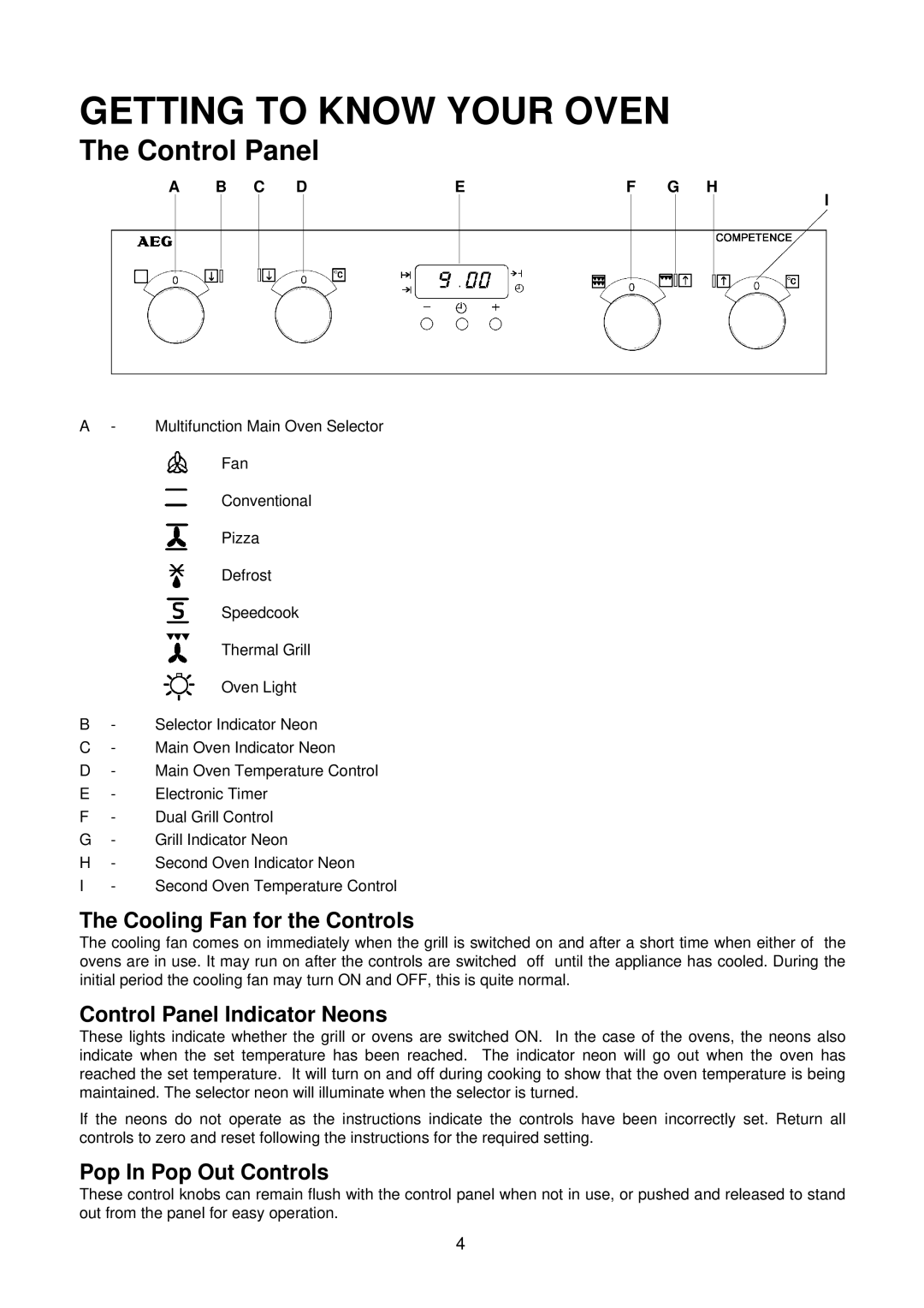 AEG D4100-1 manual Getting to Know Your Oven, Control Panel 