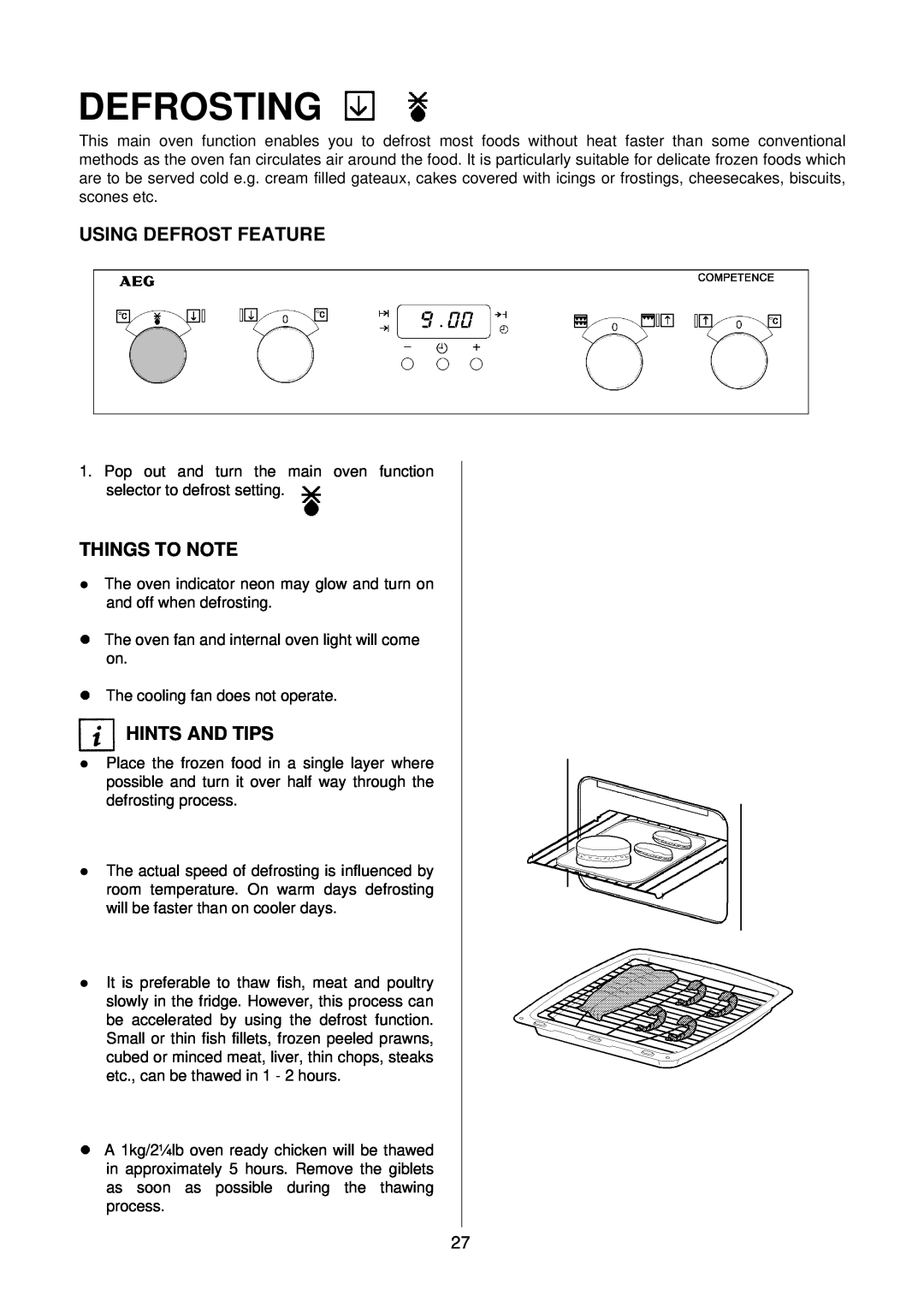 AEG D4100-1 manual Defrosting, Using Defrost Feature, Things To Note, Hints And Tips 