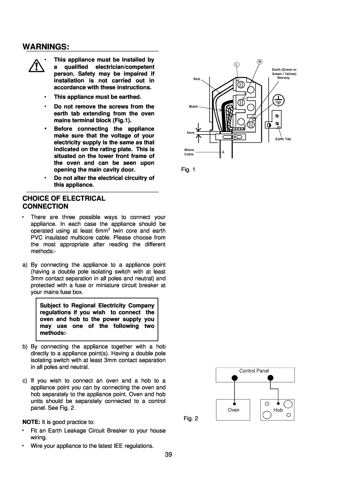 AEG D4100-1 manual Warnings, Choice Of Electrical Connection 