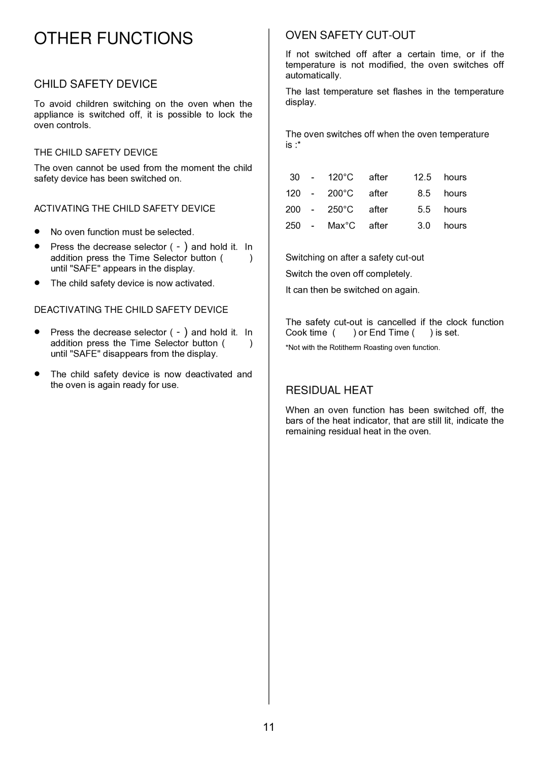 AEG D8800-4 operating instructions Other Functions, Child Safety Device, Oven Safety CUT-OUT, Residual Heat 