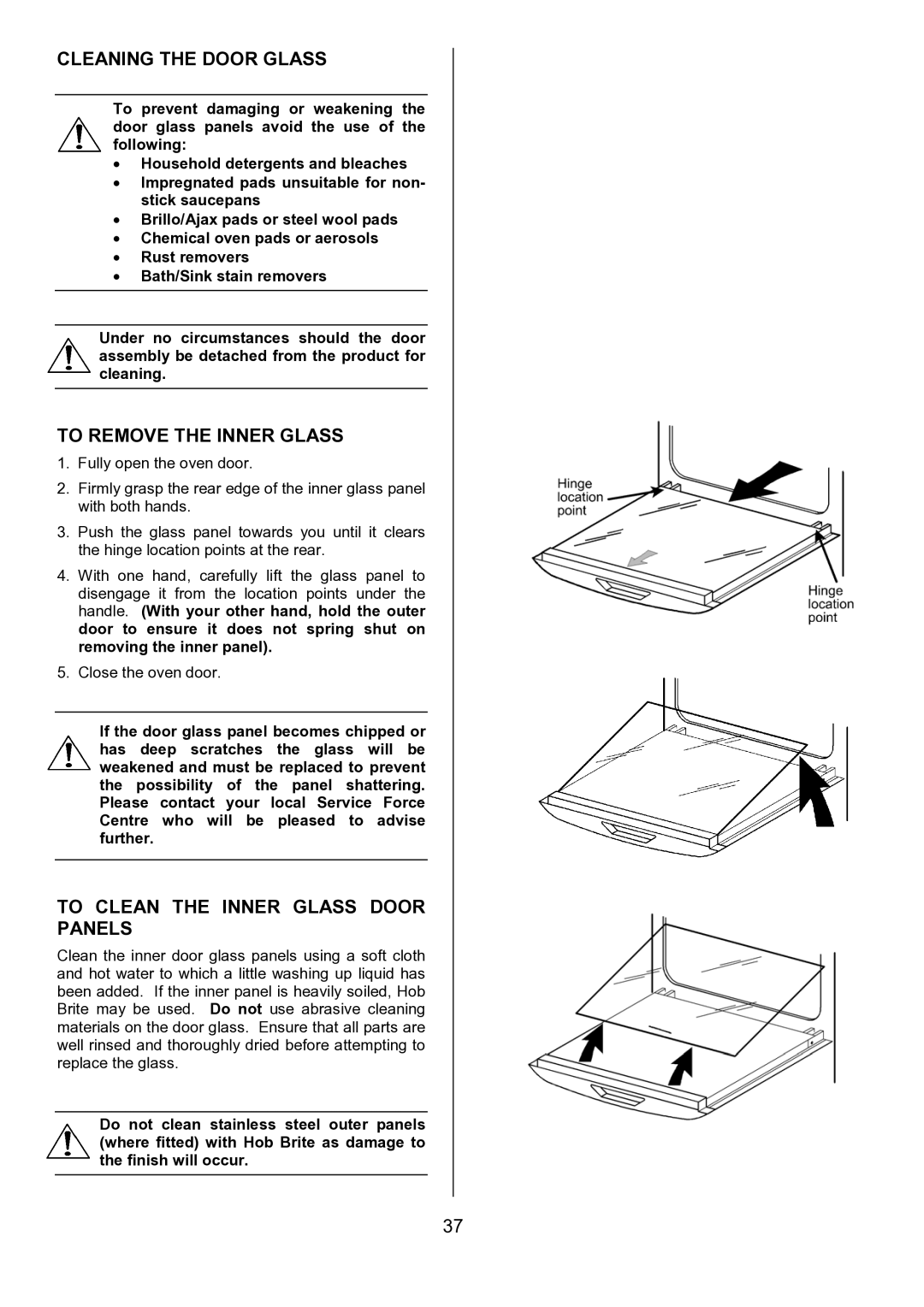 AEG D8800-4 operating instructions Cleaning the Door Glass, To Remove the Inner Glass, To Clean the Inner Glass Door Panels 