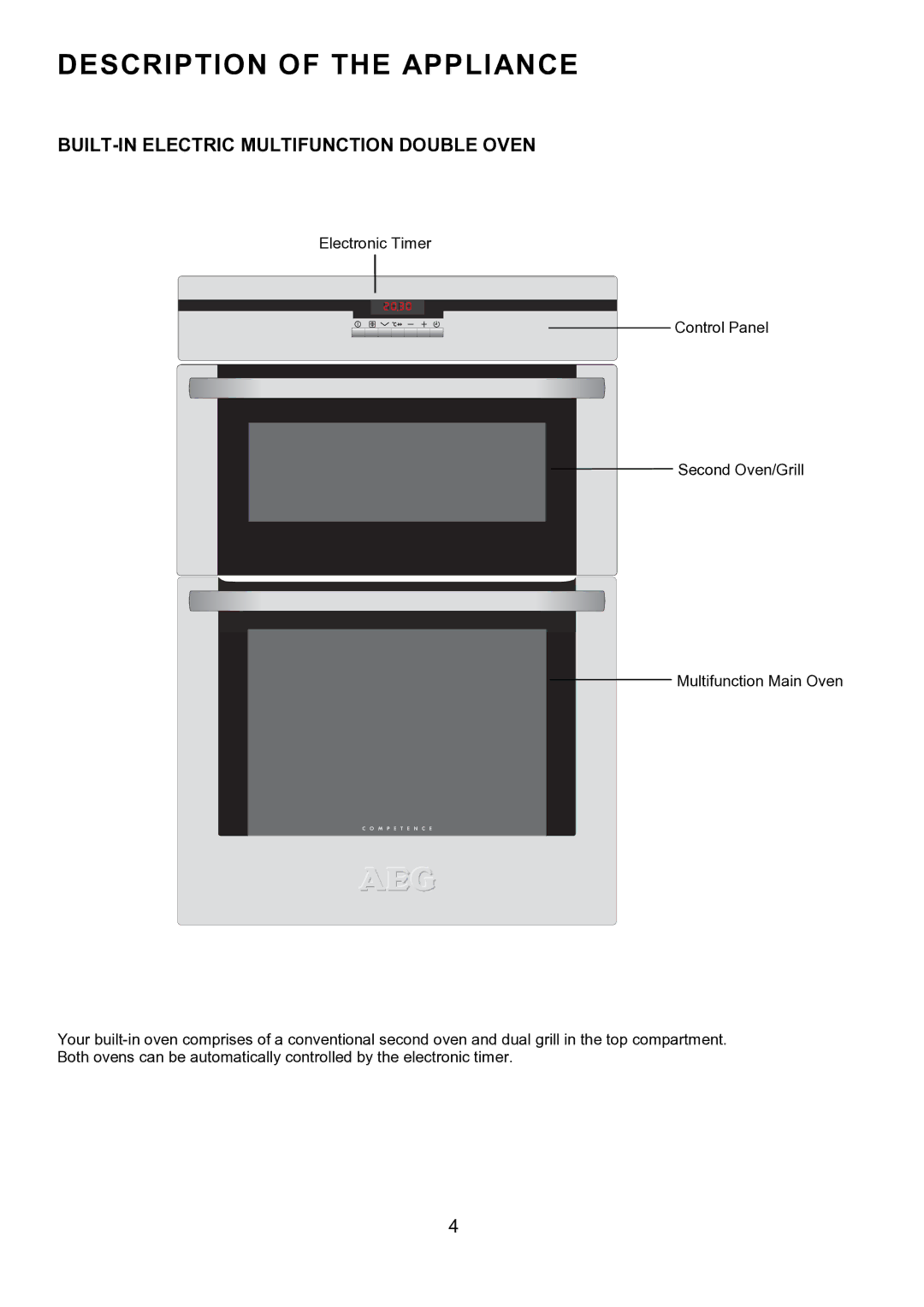 AEG D8800-4 operating instructions Description of the Appliance, BUILT-IN Electric Multifunction Double Oven 