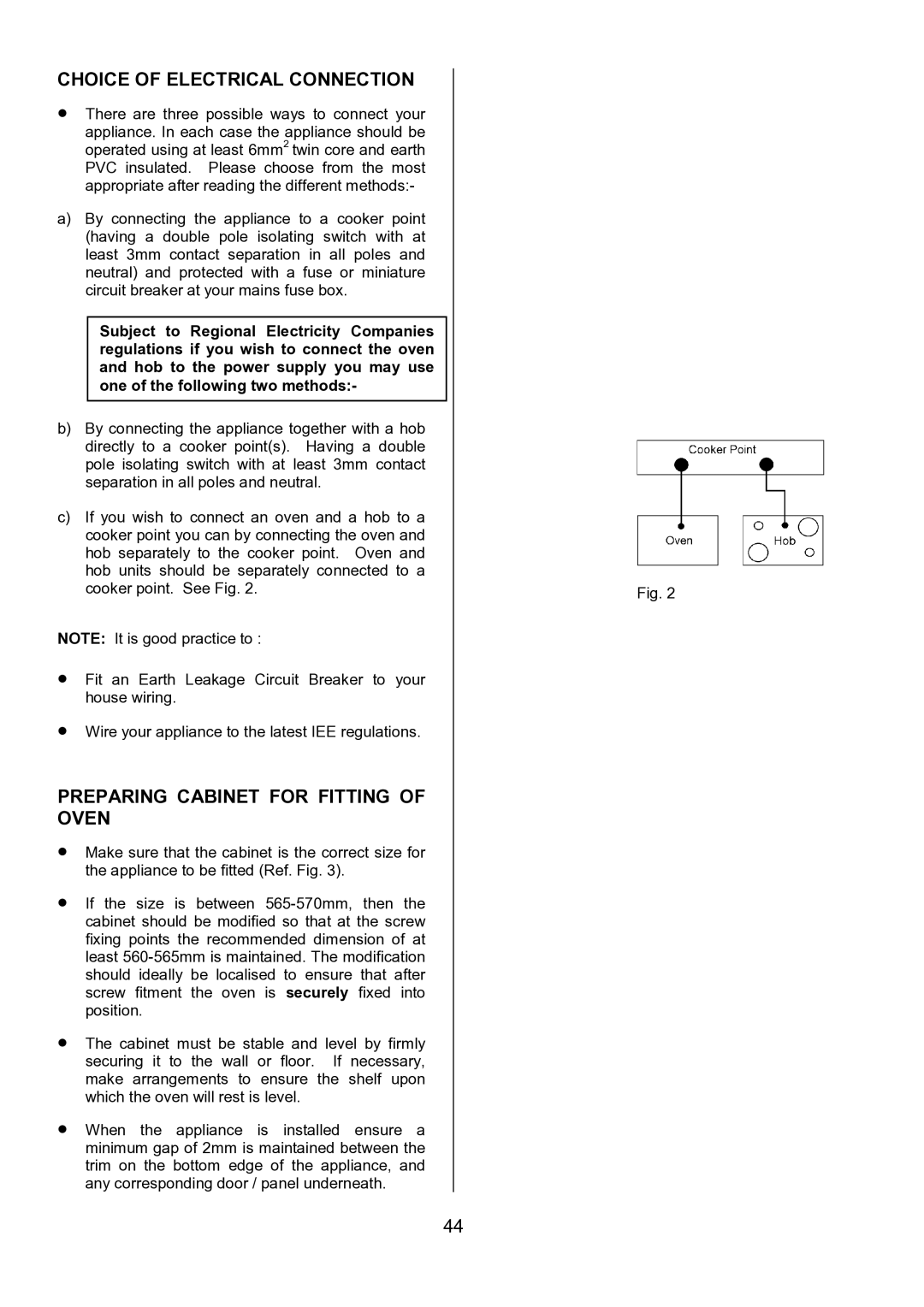 AEG D8800-4 operating instructions Choice of Electrical Connection, Preparing Cabinet for Fitting of Oven 