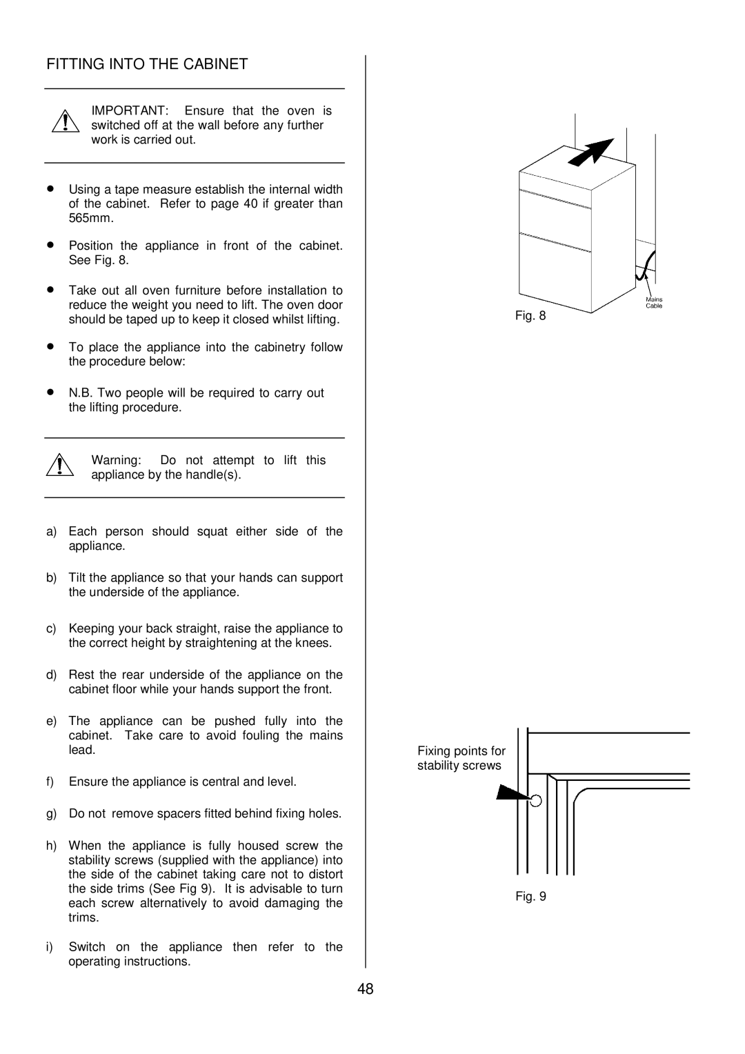 AEG D8800-4 operating instructions Fitting Into the Cabinet 