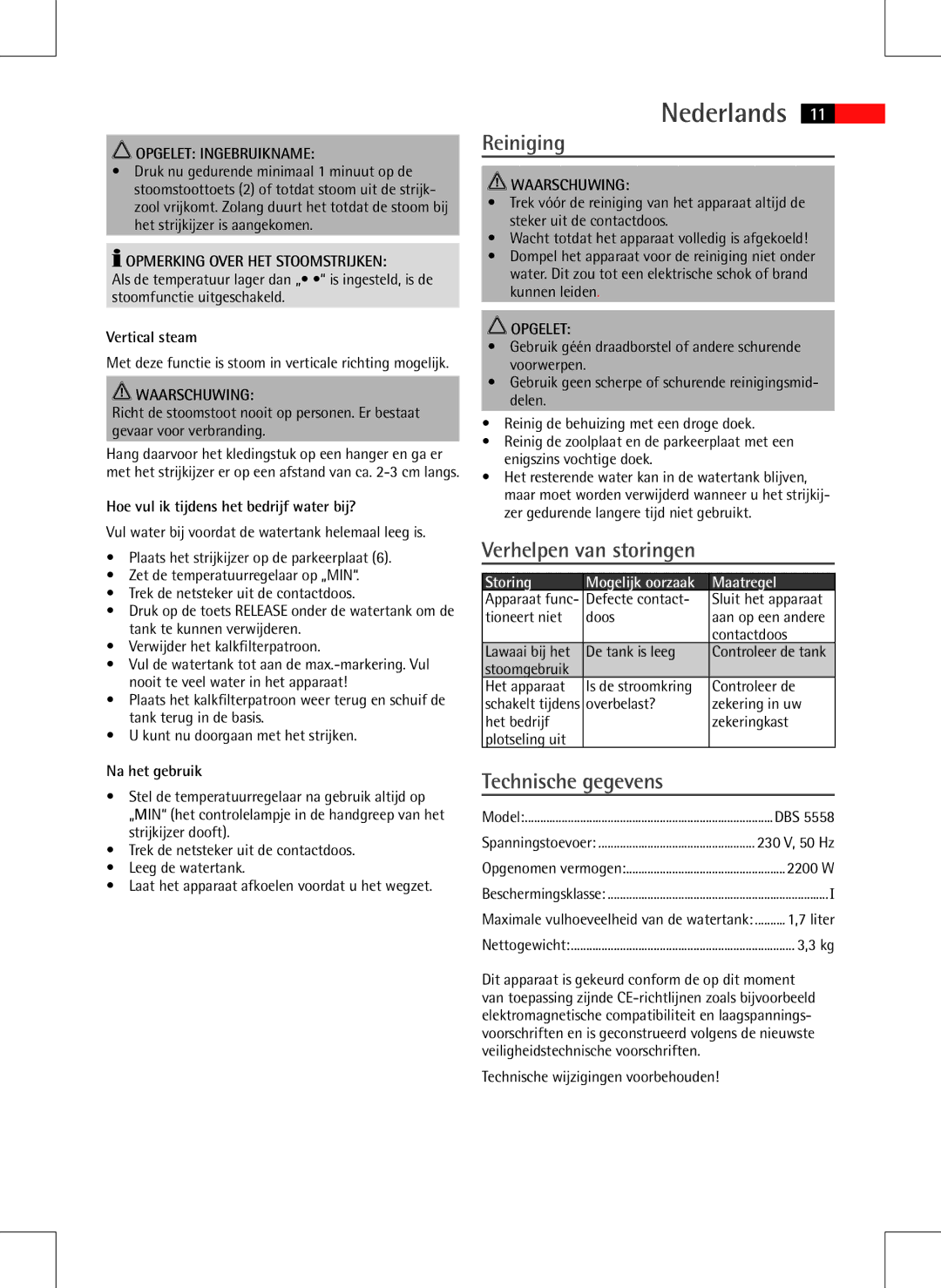 AEG DBS 5558 instruction manual Reiniging, Verhelpen van storingen, Technische gegevens, Storing, Maatregel 