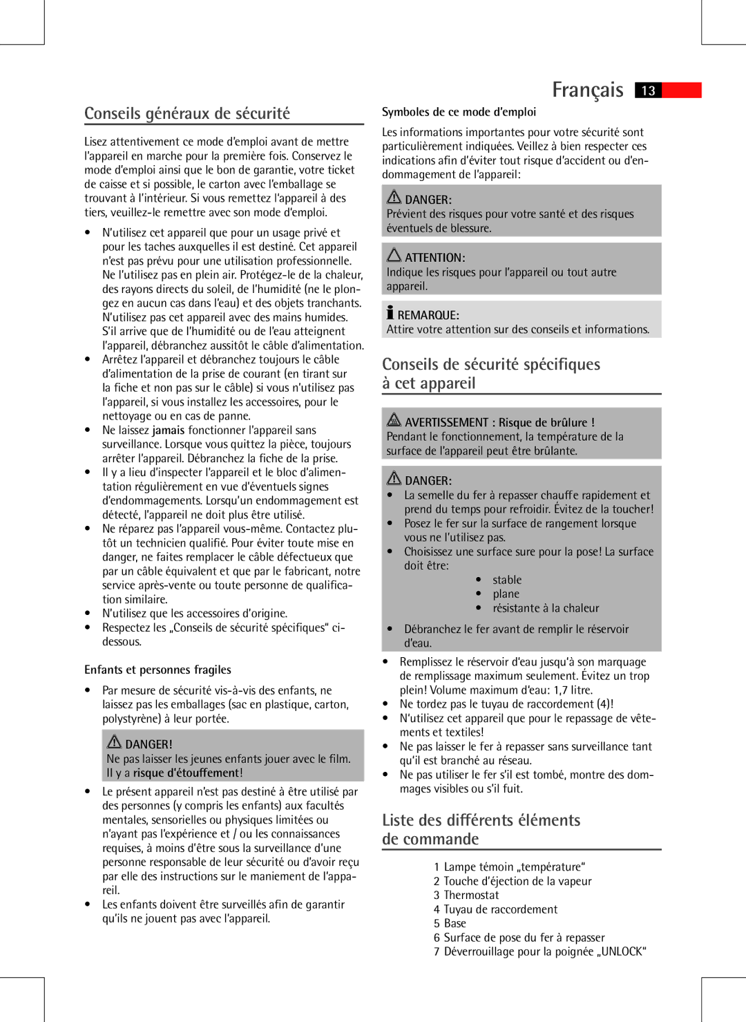 AEG DBS 5558 Français, Conseils généraux de sécurité, Conseils de sécurité spécifiques à cet appareil, Remarque 