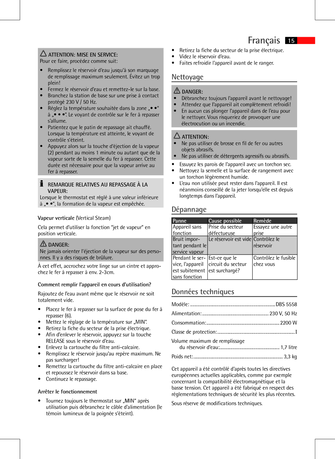 AEG DBS 5558 instruction manual Nettoyage, Dépannage, Données techniques, Panne, Remède 