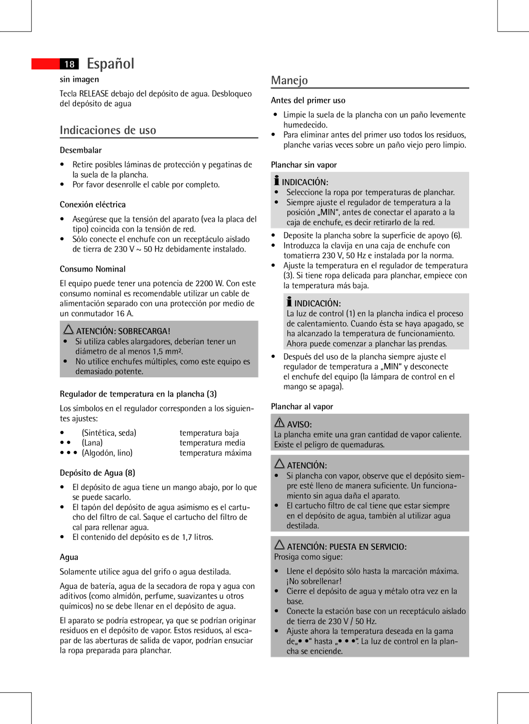 AEG DBS 5558 instruction manual Indicaciones de uso, Manejo, Atención Sobrecarga, Atención Puesta EN Servicio 