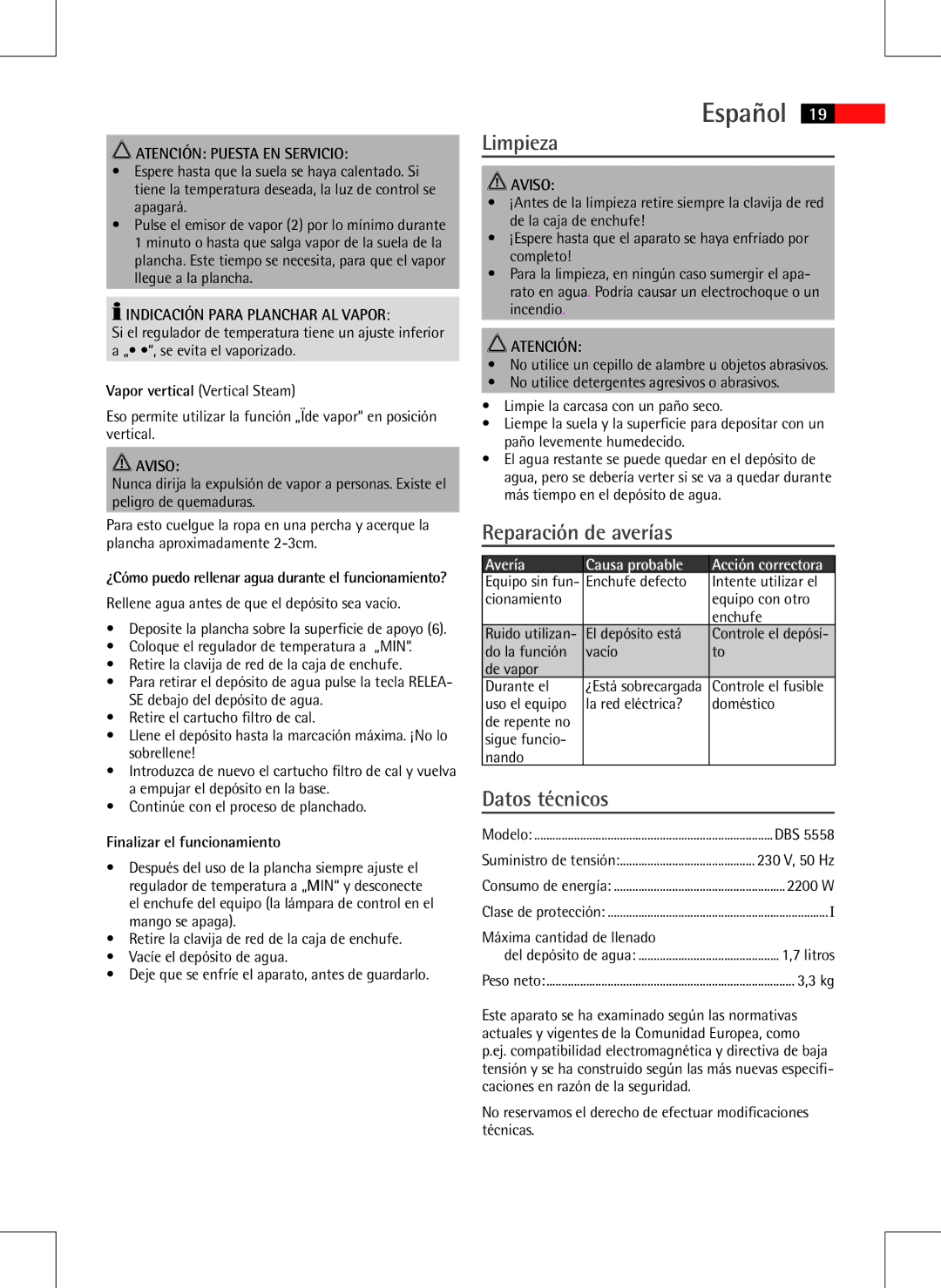 AEG DBS 5558 instruction manual Limpieza, Reparación de averías, Datos técnicos, Avería 