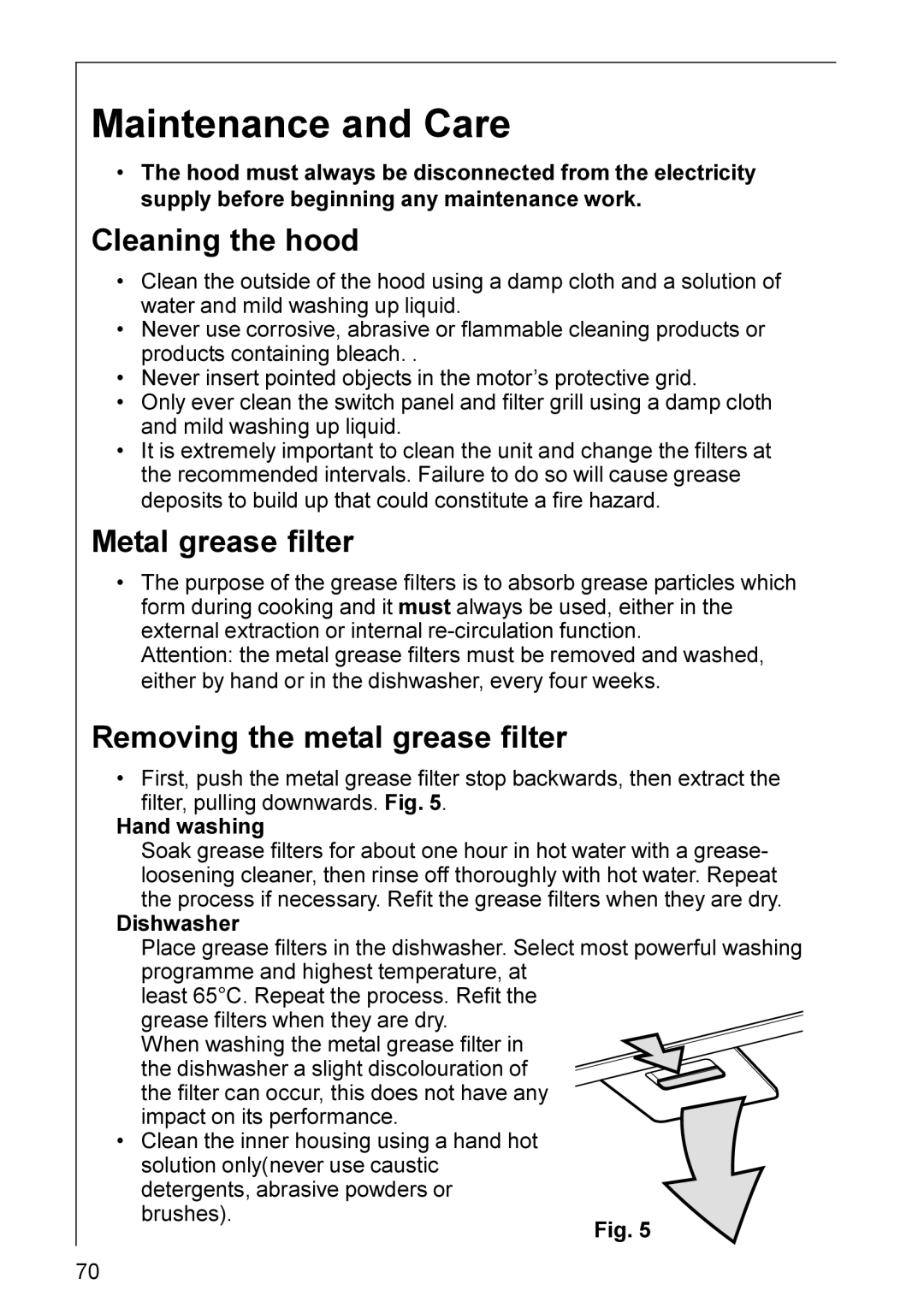 AEG DD 8891, DD 8990 Maintenance and Care, Cleaning the hood, Metal grease filter, Removing the metal grease filter 