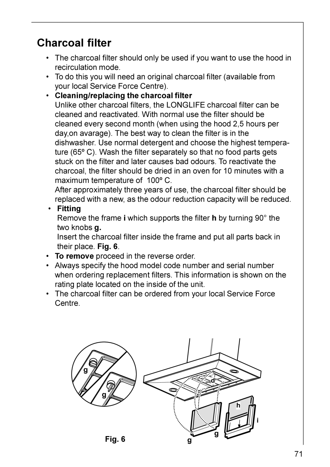 AEG DD 8821, DD 8990, DD 8861, DD 8695, DD 8665, DD 8891, DD 8625 installation instructions Charcoal filter 